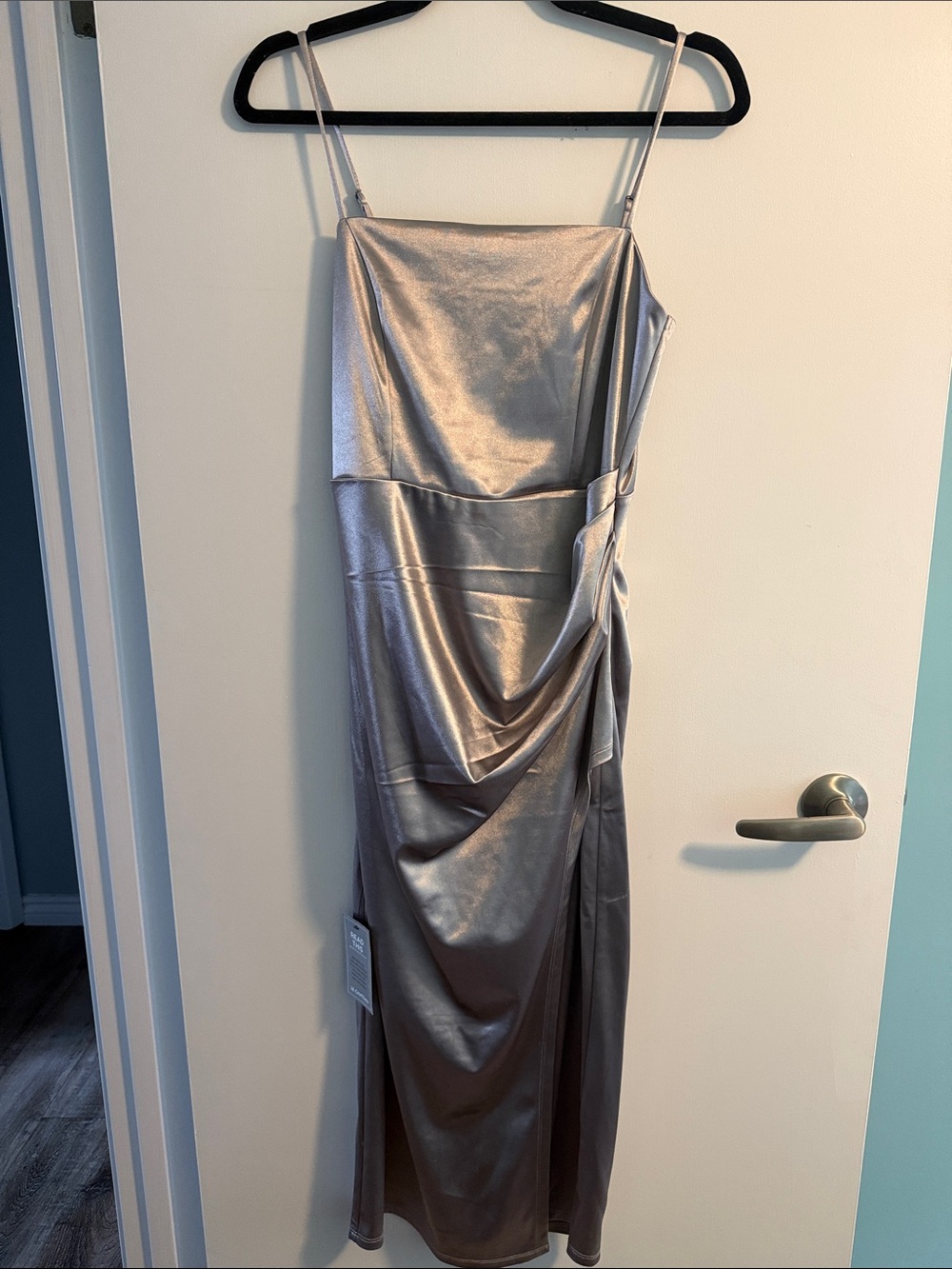Le Chateau Silver Metallic Spaghetti-Strap Draped Midi Dress